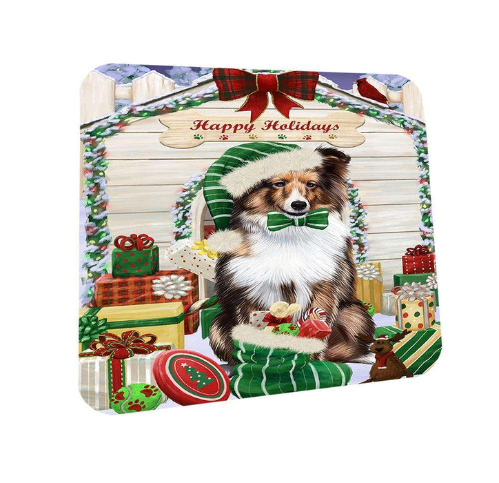 Happy Holidays Christmas Shetland Sheepdog House With Presents Coasters Set of 4 CST51460