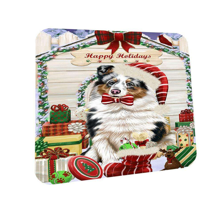 Happy Holidays Christmas Shetland Sheepdog House With Presents Coasters Set of 4 CST51462