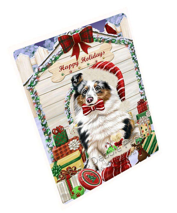 Happy Holidays Christmas Shetland Sheepdog House with Presents Cutting Board C58758