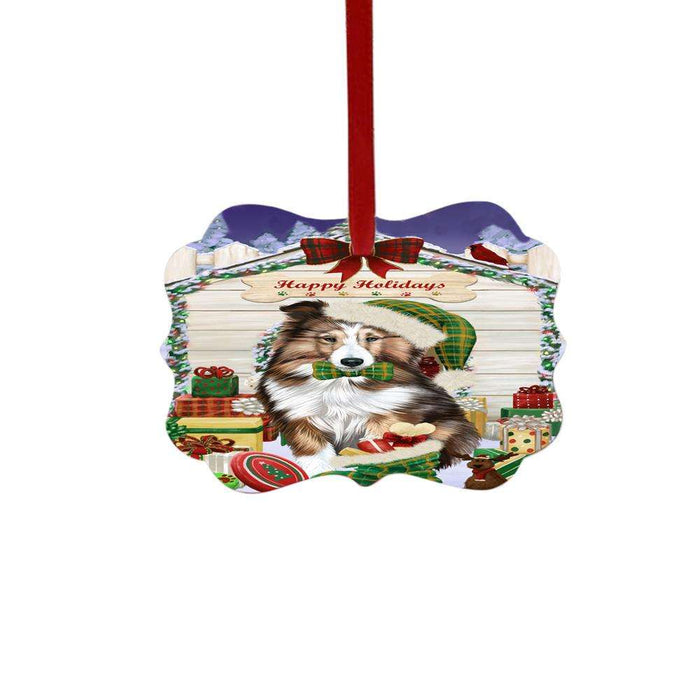 Happy Holidays Christmas Shetland Sheepdog House With Presents Double-Sided Photo Benelux Christmas Ornament LOR49958