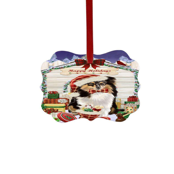 Happy Holidays Christmas Shetland Sheepdog House With Presents Double-Sided Photo Benelux Christmas Ornament LOR49960