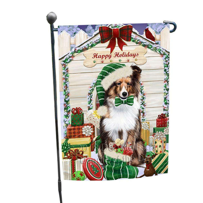Happy Holidays Christmas Shetland Sheepdog House With Presents Garden Flag GFLG51498