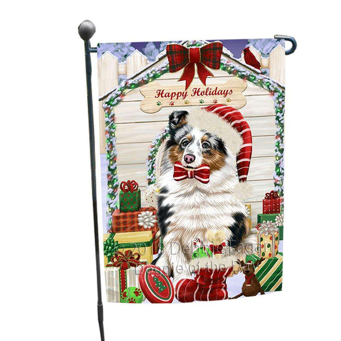 Happy Holidays Christmas Shetland Sheepdog House With Presents Garden Flag GFLG51500