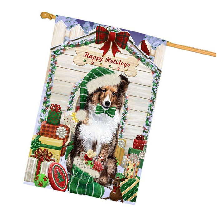 Happy Holidays Christmas Shetland Sheepdog House With Presents House Flag FLG51634