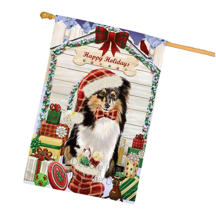 Happy Holidays Christmas Shetland Sheepdog House With Presents House Flag FLG51635