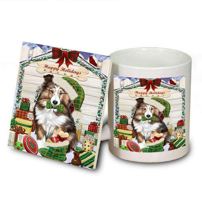 Happy Holidays Christmas Shetland Sheepdog House With Presents Mug and Coaster Set MUC51492