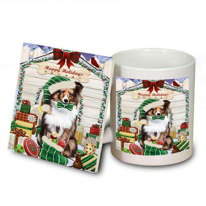 Happy Holidays Christmas Shetland Sheepdog House With Presents Mug and Coaster Set MUC51493