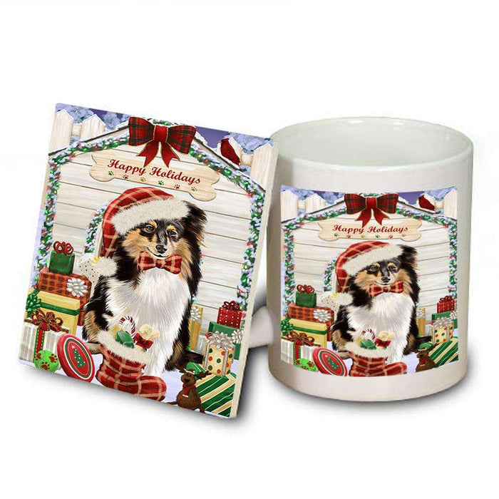 Happy Holidays Christmas Shetland Sheepdog House With Presents Mug and Coaster Set MUC51494