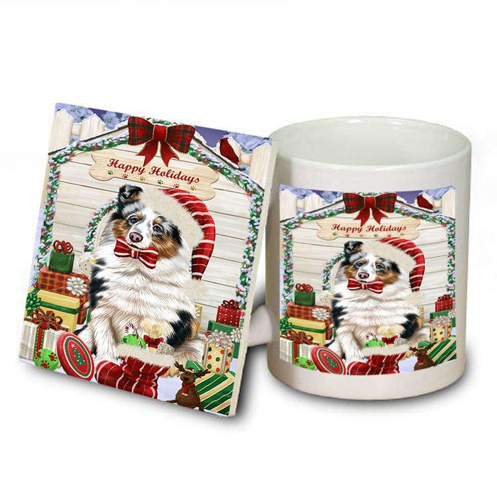 Happy Holidays Christmas Shetland Sheepdog House With Presents Mug and Coaster Set MUC51495