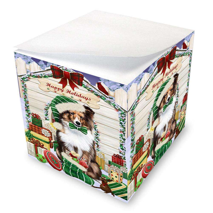 Happy Holidays Christmas Shetland Sheepdog House With Presents Note Cube NOC51501