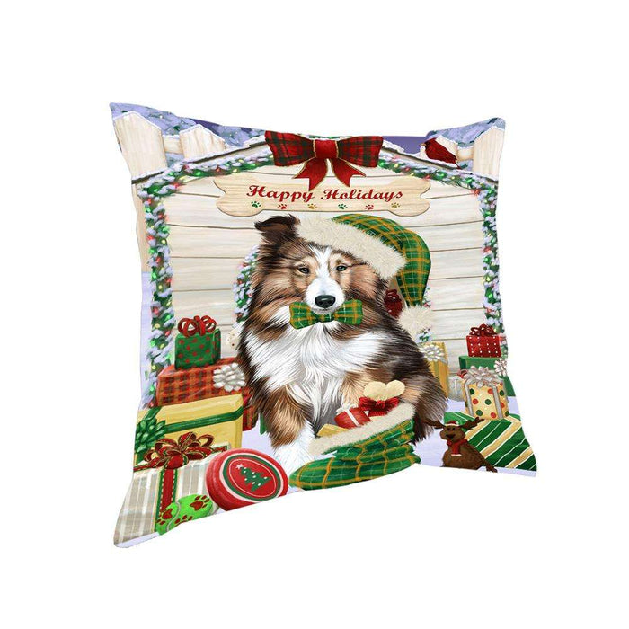 Happy Holidays Christmas Shetland Sheepdog House with Presents Pillow PIL62364