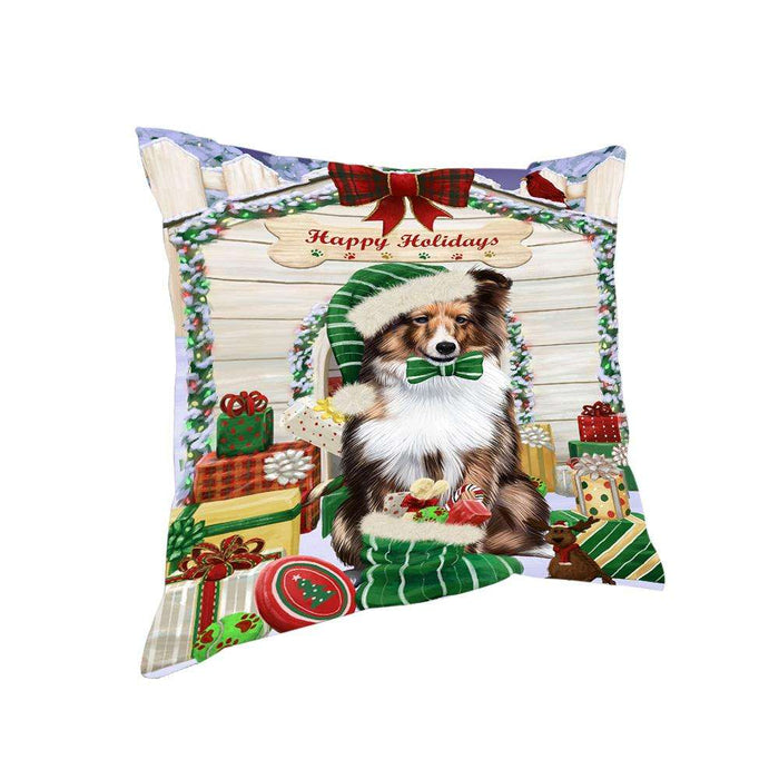 Happy Holidays Christmas Shetland Sheepdog House with Presents Pillow PIL62368