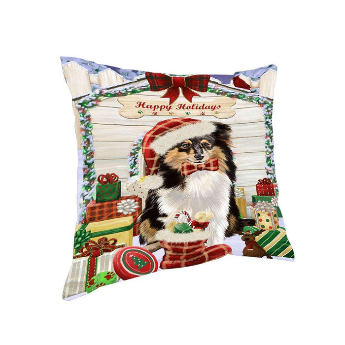 Happy Holidays Christmas Shetland Sheepdog House with Presents Pillow PIL62372