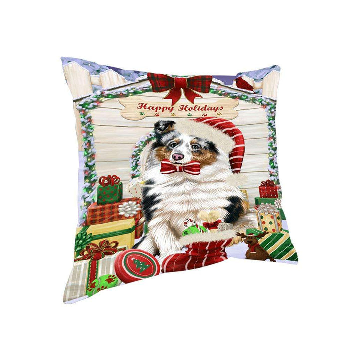 Happy Holidays Christmas Shetland Sheepdog House with Presents Pillow PIL62376