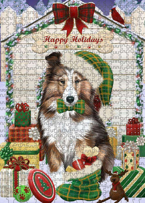Happy Holidays Christmas Shetland Sheepdog House with Presents Puzzle with Photo Tin PUZL58587