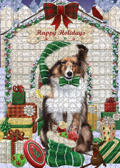 Happy Holidays Christmas Shetland Sheepdog House with Presents Puzzle with Photo Tin PUZL58590