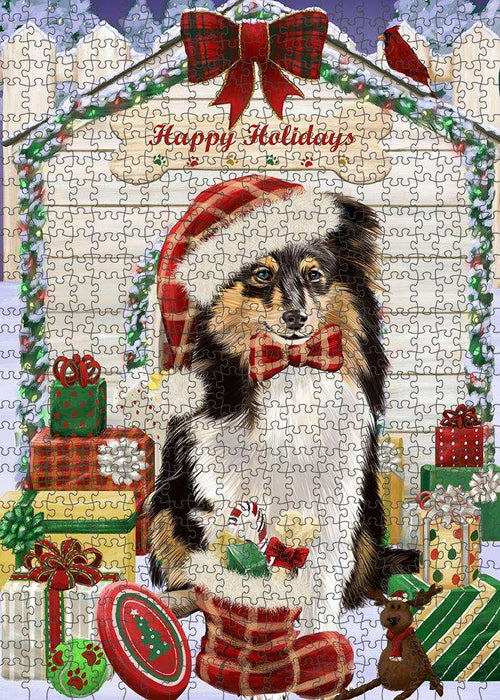 Happy Holidays Christmas Shetland Sheepdog House with Presents Puzzle with Photo Tin PUZL58593