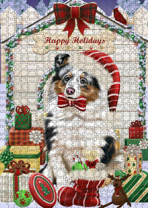 Happy Holidays Christmas Shetland Sheepdog House with Presents Puzzle with Photo Tin PUZL58596