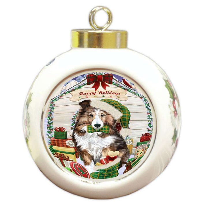 Happy Holidays Christmas Shetland Sheepdog House With Presents Round Ball Christmas Ornament RBPOR51500