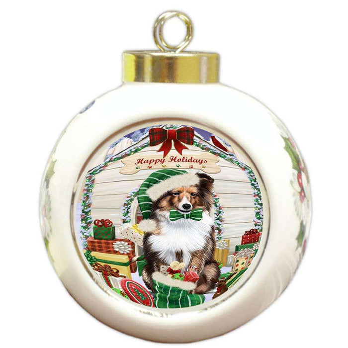 Happy Holidays Christmas Shetland Sheepdog House With Presents Round Ball Christmas Ornament RBPOR51501