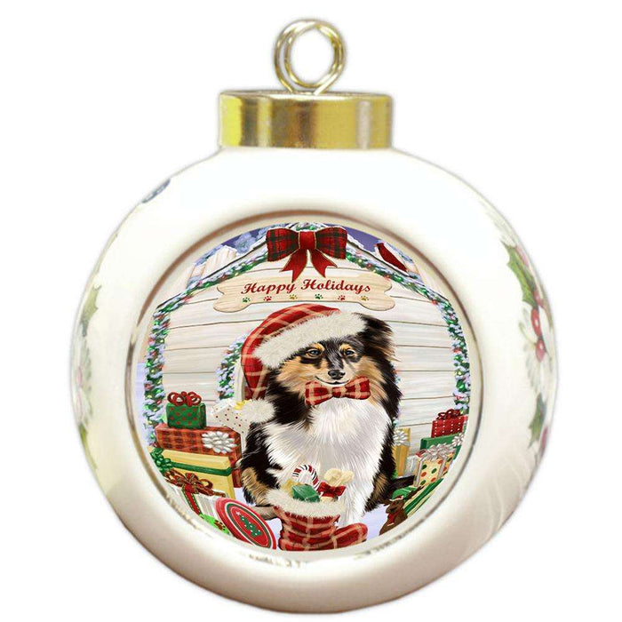 Happy Holidays Christmas Shetland Sheepdog House With Presents Round Ball Christmas Ornament RBPOR51502