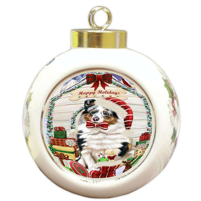 Happy Holidays Christmas Shetland Sheepdog House With Presents Round Ball Christmas Ornament RBPOR51503