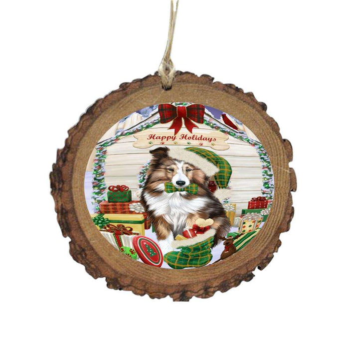 Happy Holidays Christmas Shetland Sheepdog House With Presents Wooden Christmas Ornament WOR49958