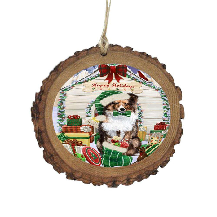 Happy Holidays Christmas Shetland Sheepdog House With Presents Wooden Christmas Ornament WOR49959