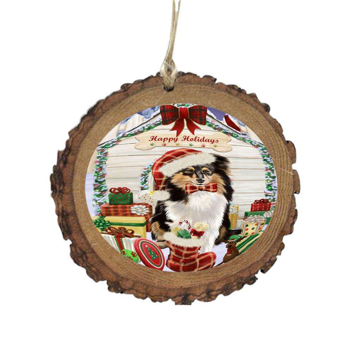 Happy Holidays Christmas Shetland Sheepdog House With Presents Wooden Christmas Ornament WOR49960