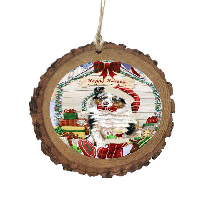 Happy Holidays Christmas Shetland Sheepdog House With Presents Wooden Christmas Ornament WOR49961