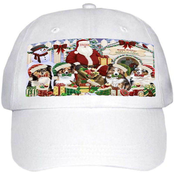 Happy Holidays Christmas Shetland Sheepdogs House Gathering Ball Hat Cap HAT58128