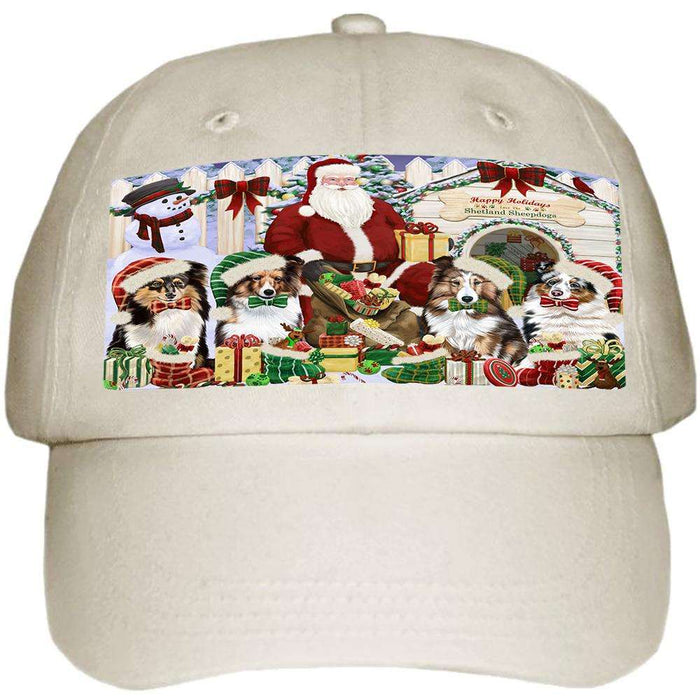 Happy Holidays Christmas Shetland Sheepdogs House Gathering Ball Hat Cap HAT58128