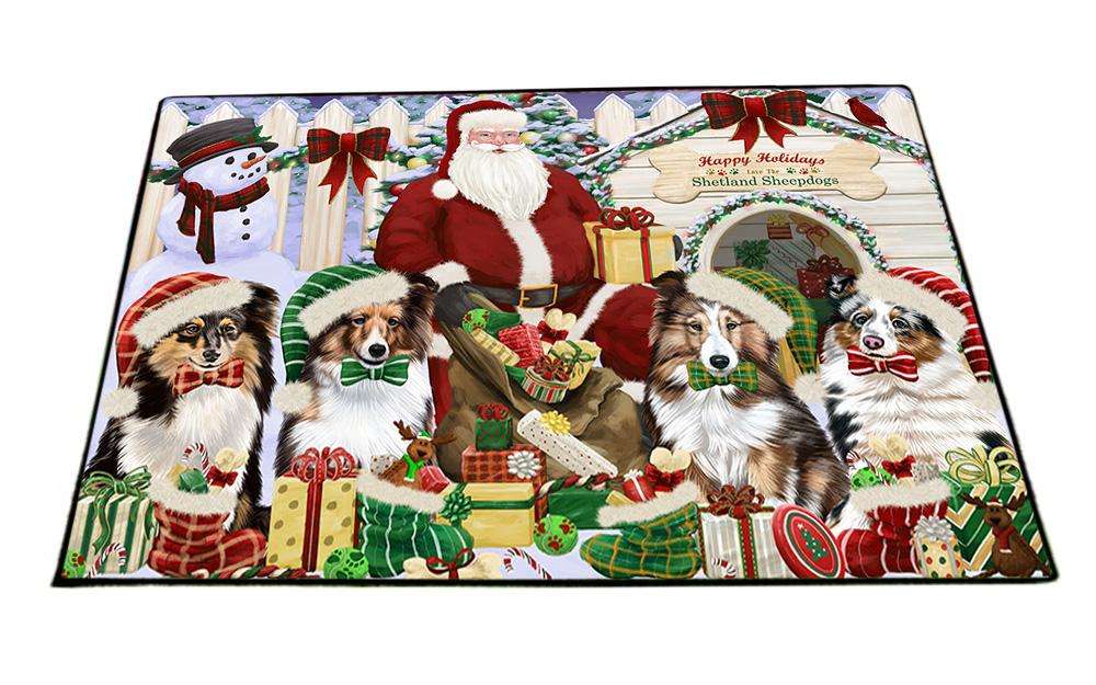 Happy Holidays Christmas Shetland Sheepdogs House Gathering Floormat FLMS51150