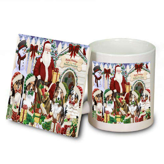 Happy Holidays Christmas Shetland Sheepdogs House Gathering Mug and Coaster Set MUC51457