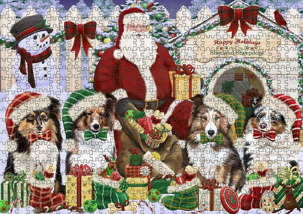 Happy Holidays Christmas Shetland Sheepdogs House Gathering Puzzle with Photo Tin PUZL58482