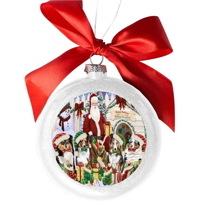 Happy Holidays Christmas Shetland Sheepdogs House Gathering White Round Ball Christmas Ornament WBSOR49726