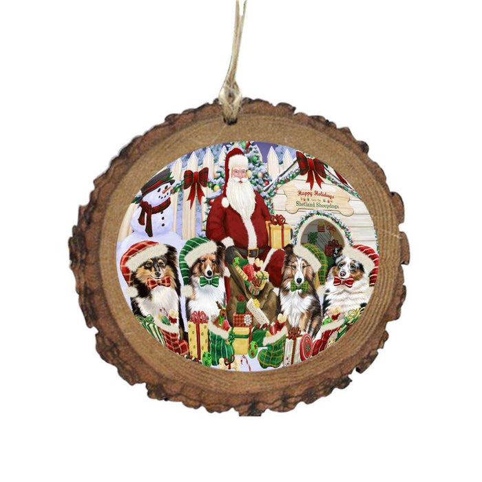 Happy Holidays Christmas Shetland Sheepdogs House Gathering Wooden Christmas Ornament WOR49726