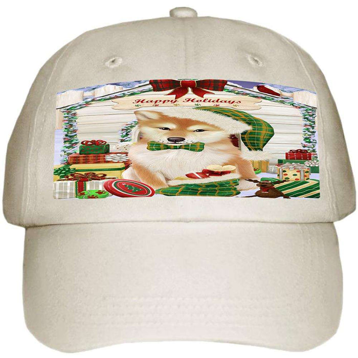 Happy Holidays Christmas Shiba Inu Dog House with Presents Ball Hat Cap HAT58245