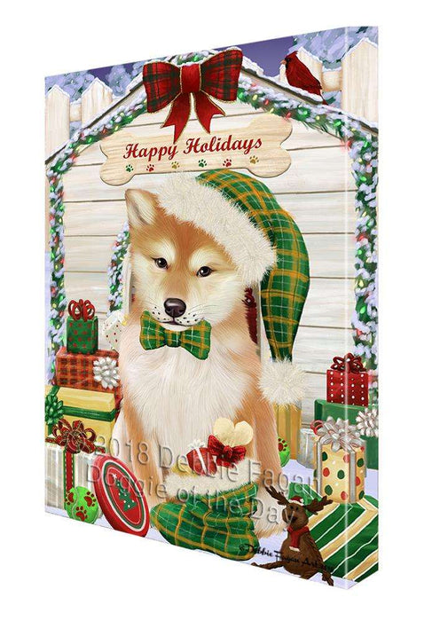 Happy Holidays Christmas Shiba Inu Dog House with Presents Canvas Print Wall Art Décor CVS80801