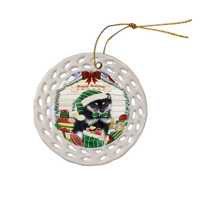 Happy Holidays Christmas Shiba Inu Dog House With Presents Ceramic Doily Ornament DPOR51505