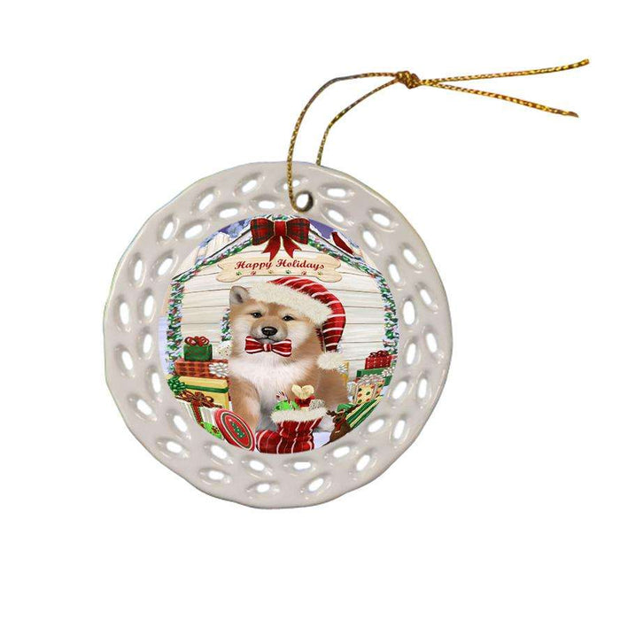 Happy Holidays Christmas Shiba Inu Dog House With Presents Ceramic Doily Ornament DPOR51507