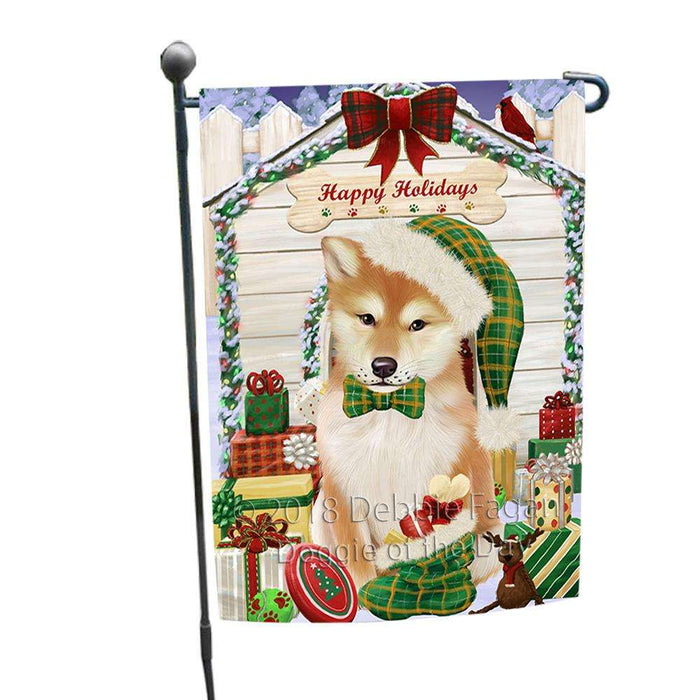 Happy Holidays Christmas Shiba Inu Dog House With Presents Garden Flag GFLG51501