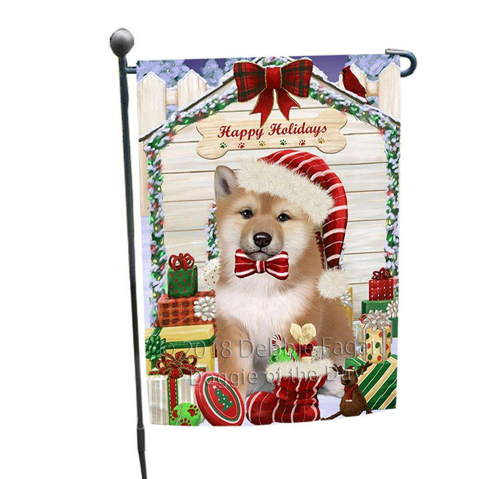 Happy Holidays Christmas Shiba Inu Dog House With Presents Garden Flag GFLG51504