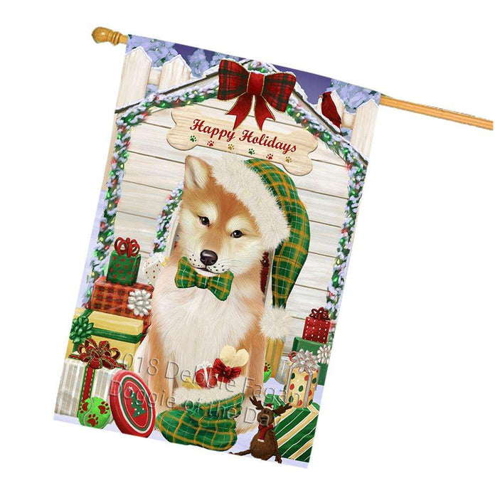 Happy Holidays Christmas Shiba Inu Dog House With Presents House Flag FLG51637