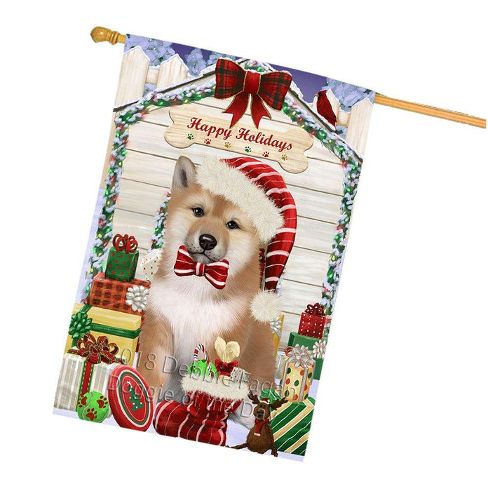 Happy Holidays Christmas Shiba Inu Dog House With Presents House Flag FLG51640