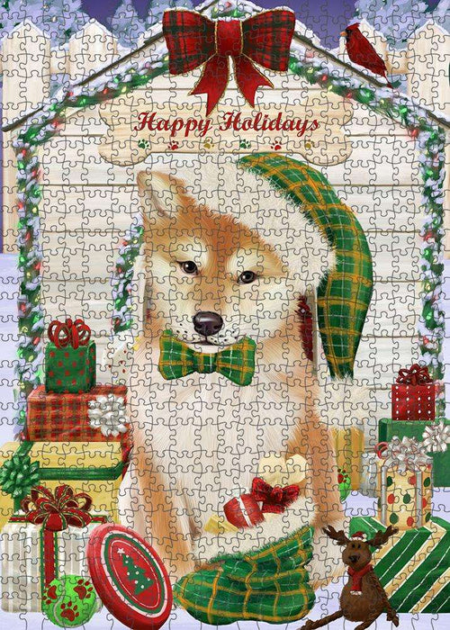 Happy Holidays Christmas Shiba Inu Dog House with Presents Puzzle with Photo Tin PUZL58599