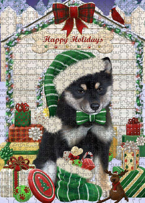 Happy Holidays Christmas Shiba Inu Dog House with Presents Puzzle with Photo Tin PUZL58602