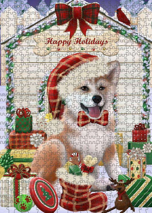 Happy Holidays Christmas Shiba Inu Dog House with Presents Puzzle with Photo Tin PUZL58605