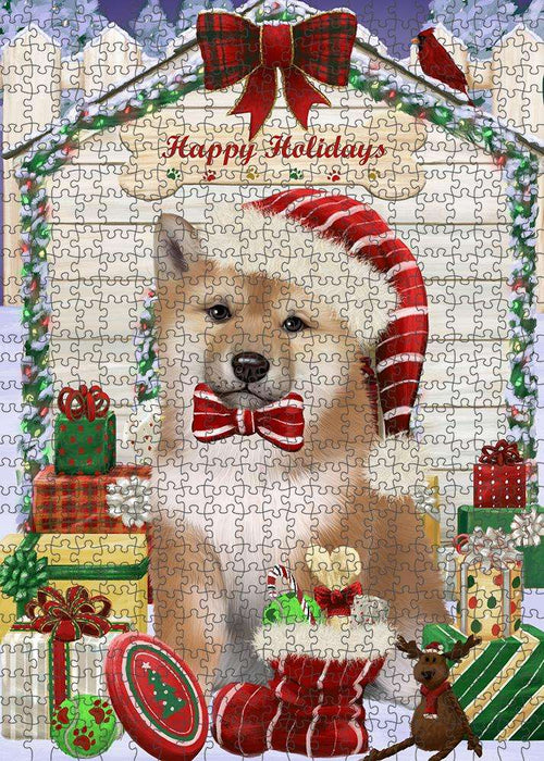 Happy Holidays Christmas Shiba Inu Dog House with Presents Puzzle with Photo Tin PUZL58608
