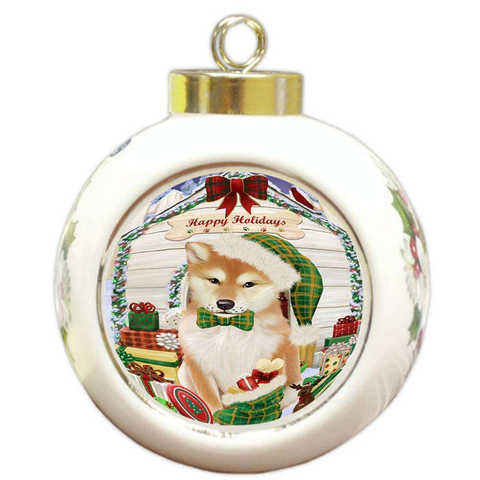 Happy Holidays Christmas Shiba Inu Dog House With Presents Round Ball Christmas Ornament RBPOR51504
